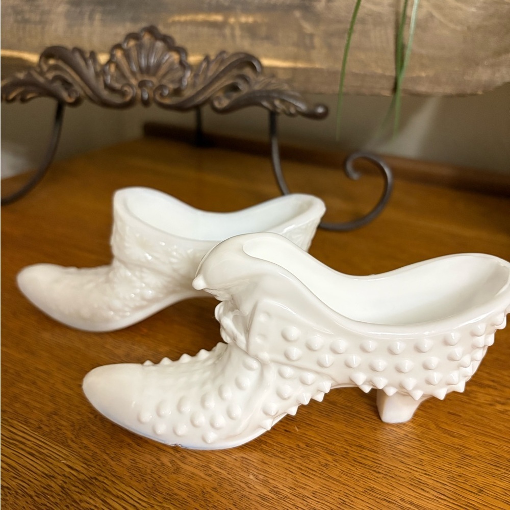 Vintage Fenton Milk Glass Daisy and Hobnail Slippers/ Shoes